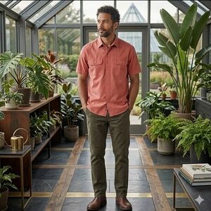 LL Bean 17 Reg Rust or Reddish-Brown Button-Down Short-Sleeve Cotton Shirt.